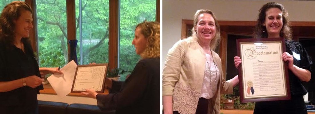 Outgoing LWV-LM Board President Elisabeth Radow (far left and far right) was recognized at the LWV-LM Annual Meeting on June 5. In-coming LWV-LM Co-president Alice Pernick (center left) described the cherry tree and plaque that will be installed in Ms. Radow's honor in the Town of Mamaroneck. Westchester County Legislator Catherine Parker (center left)  bestowed Ms. Radow with a proclamation detailing her many contributions. Photos courtesy of NY State Senator George Latimer and LWV-LM Vice-President Carolyn Pomeranz. Photos courtesy of NY State Senator George Latimer and LWV-LM Vice-president Carolyn Pomeranz.